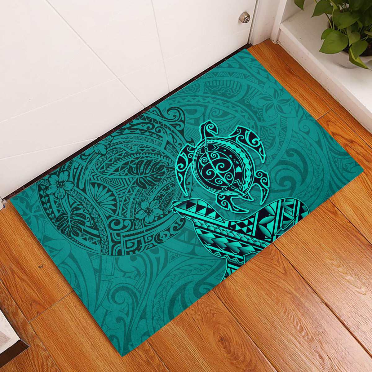 Hawaii Monk Seal and Dolphin Rubber Doormat Polynesian Kakau Pattern Turquoise
