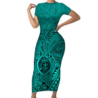 Hawaii Monk Seal and Dolphin Short Sleeve Bodycon Dress Polynesian Kakau Pattern Turquoise LT03 Long Dress Turquoise - Polynesian Pride