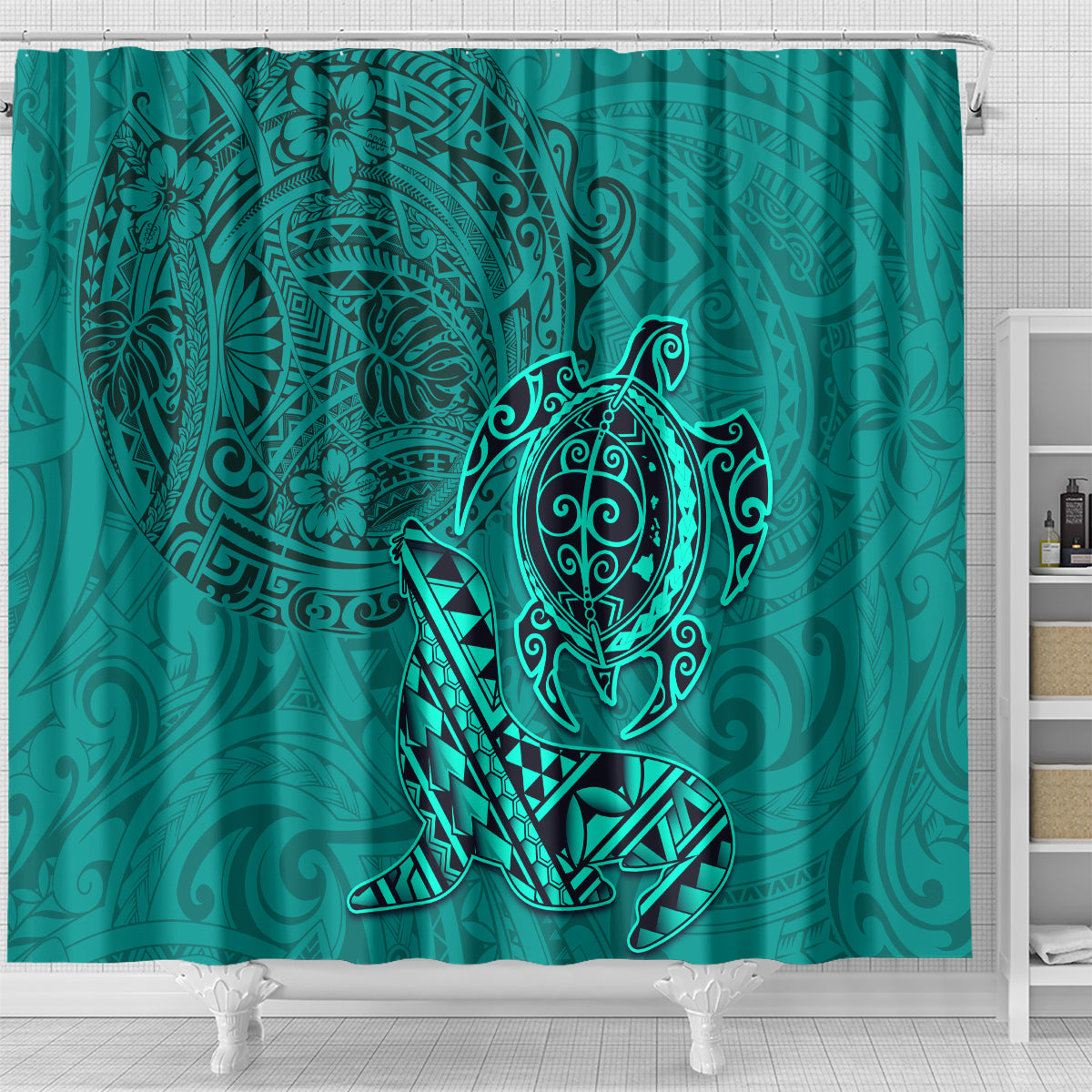 Hawaii Monk Seal and Dolphin Shower Curtain Polynesian Kakau Pattern Turquoise