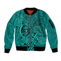 Hawaii Monk Seal and Dolphin Sleeve Zip Bomber Jacket Polynesian Kakau Pattern Turquoise