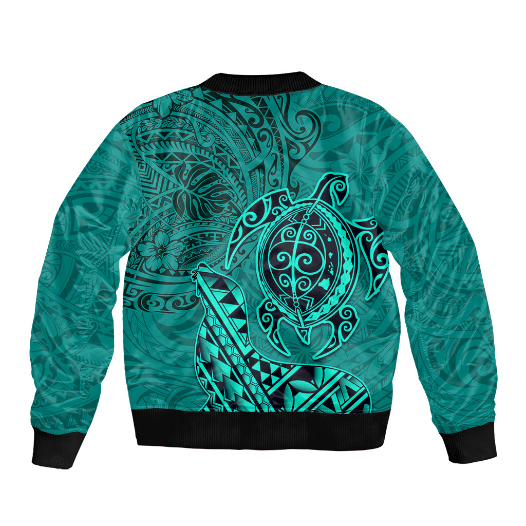 Hawaii Monk Seal and Dolphin Sleeve Zip Bomber Jacket Polynesian Kakau Pattern Turquoise