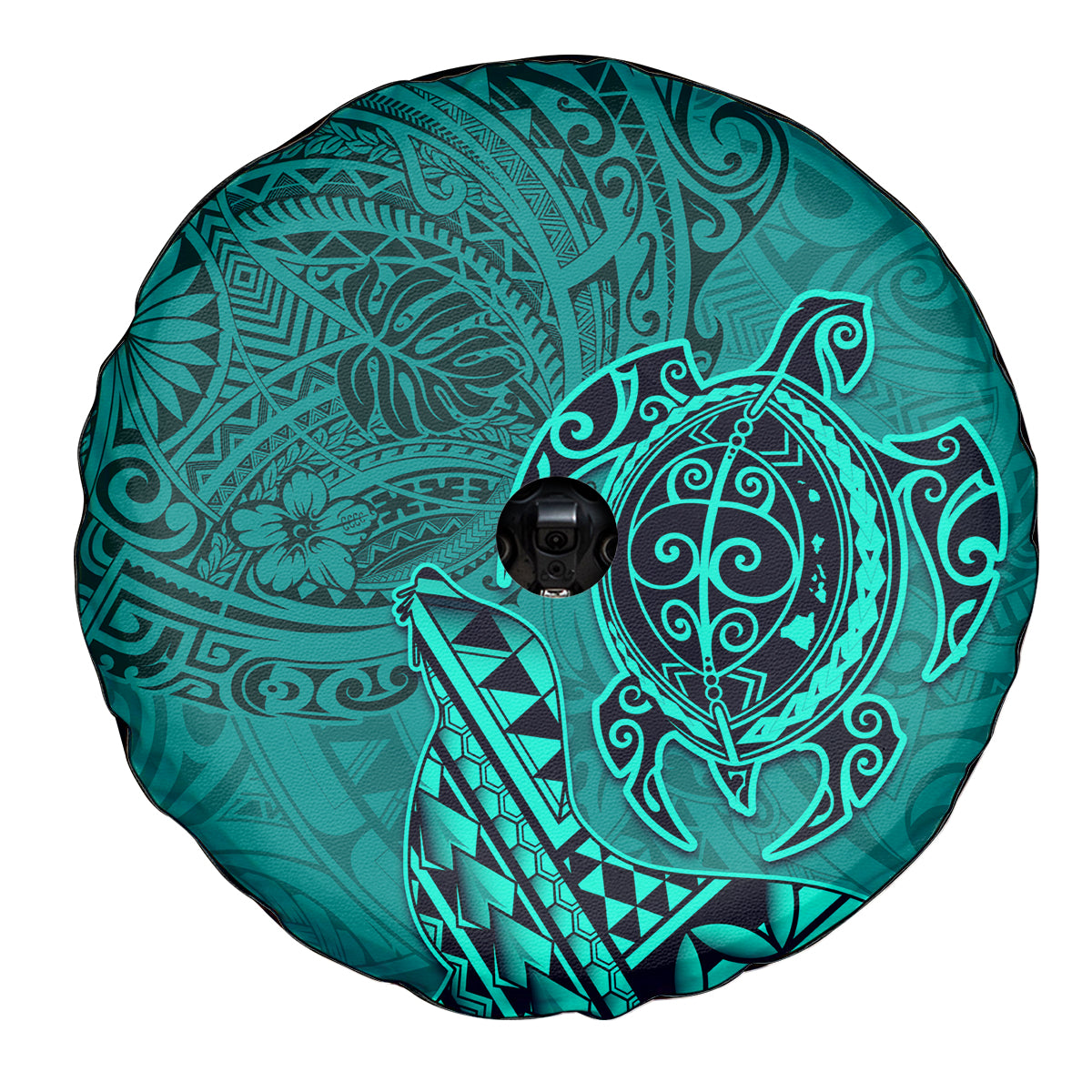 Hawaii Monk Seal and Dolphin Spare Tire Cover Polynesian Kakau Pattern Turquoise