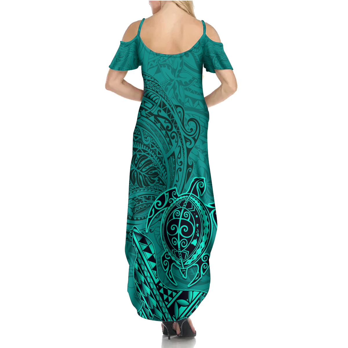 Hawaii Monk Seal and Dolphin Summer Maxi Dress Polynesian Kakau Pattern Turquoise