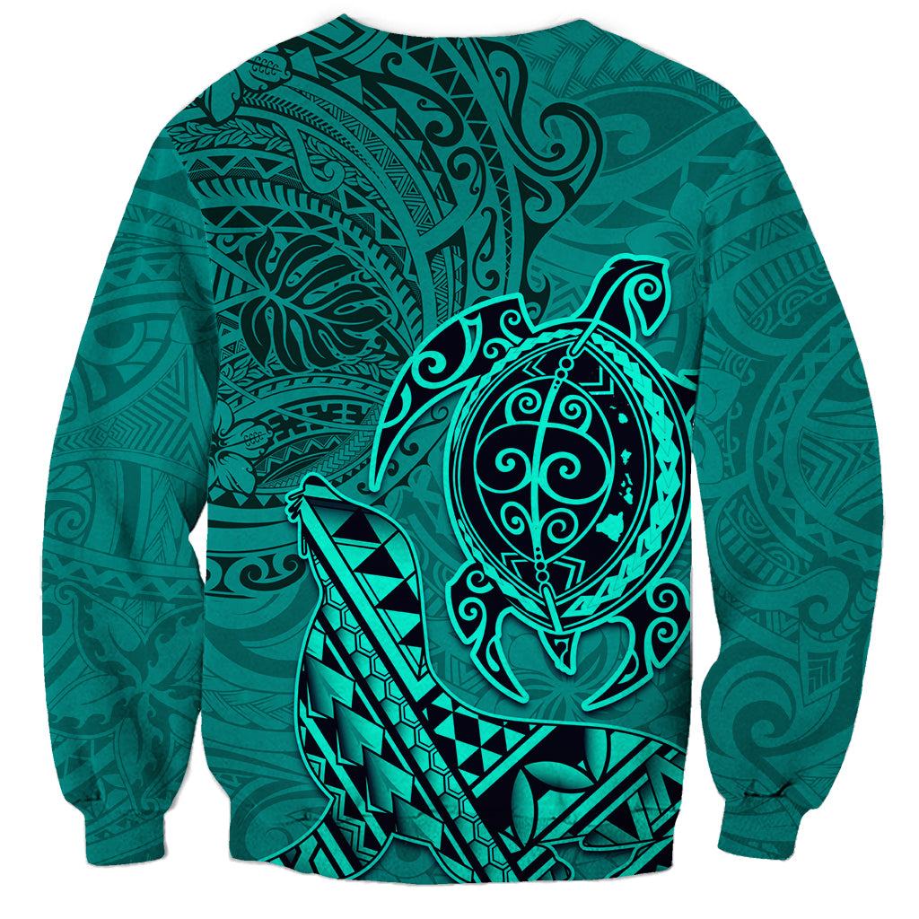 Hawaii Monk Seal and Dolphin Sweatshirt Polynesian Kakau Pattern Turquoise