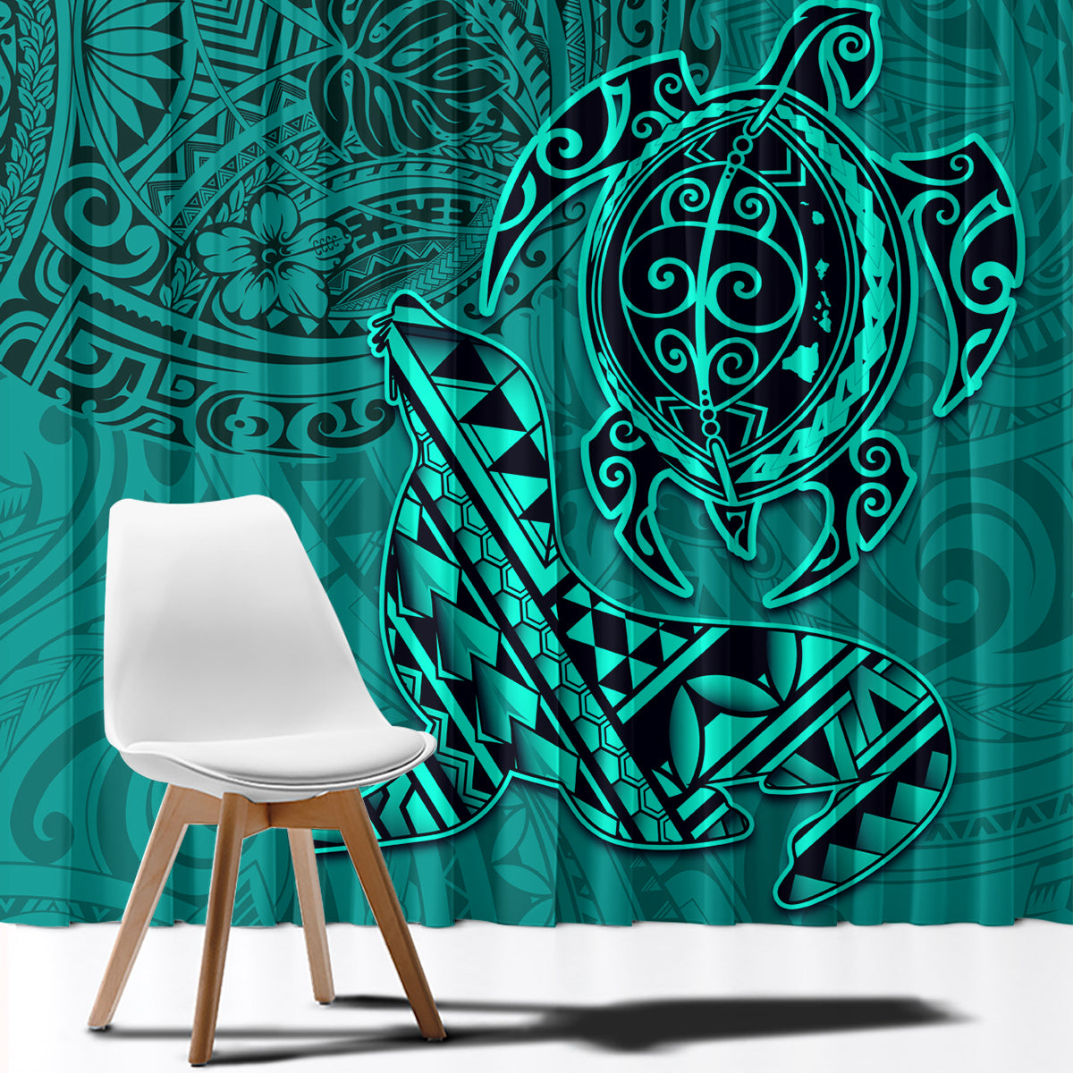 Hawaii Monk Seal and Dolphin Window Curtain Polynesian Kakau Pattern Turquoise