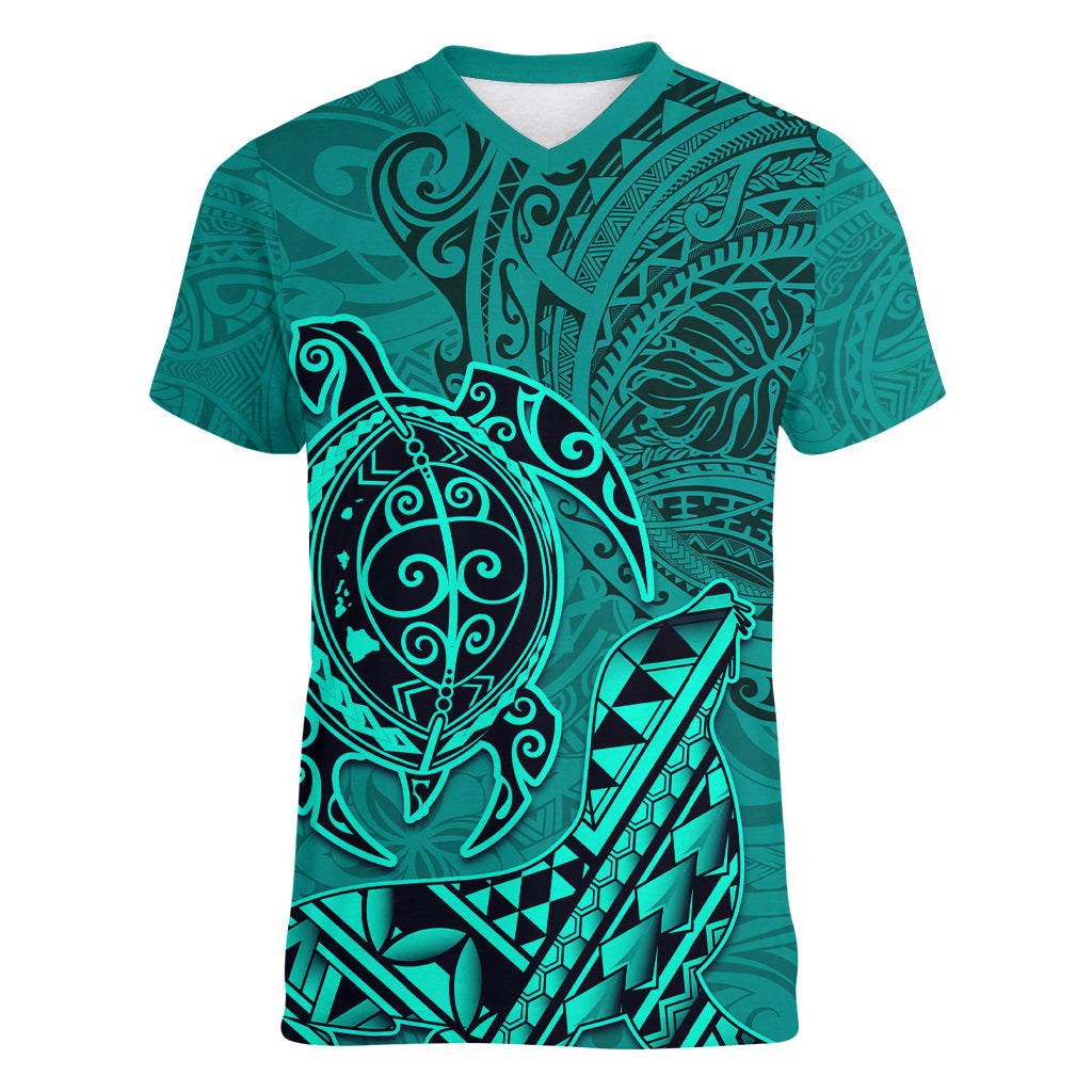 Hawaii Monk Seal and Dolphin Women V-Neck T-Shirt Polynesian Kakau Pattern Turquoise