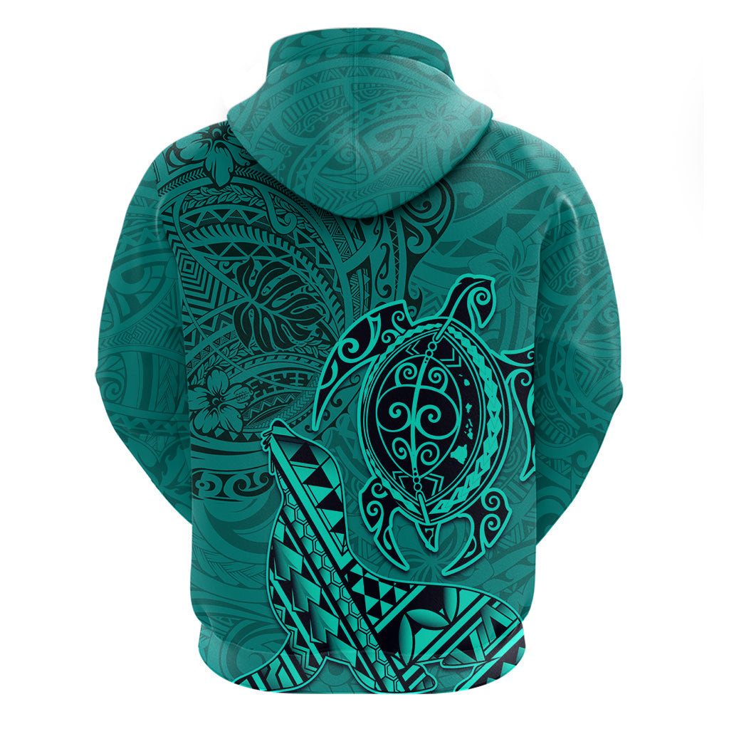 Hawaii Monk Seal and Dolphin Zip Hoodie Polynesian Kakau Pattern Turquoise