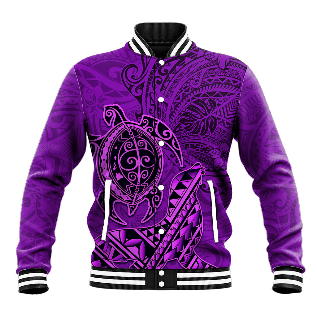 Hawaii Monk Seal and Dolphin Baseball Jacket Polynesian Kakau Pattern Purple
