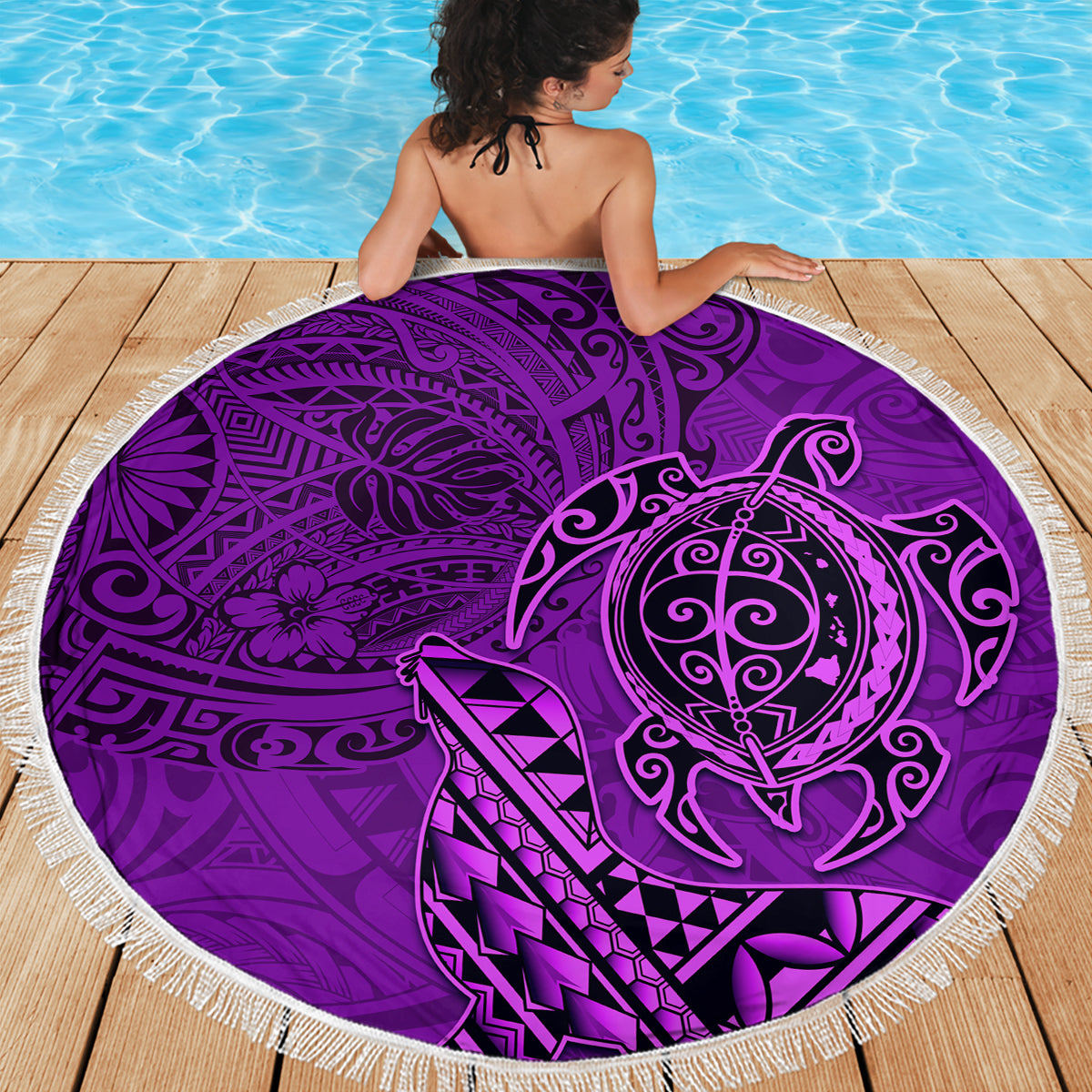 Hawaii Monk Seal and Dolphin Beach Blanket Polynesian Kakau Pattern Purple