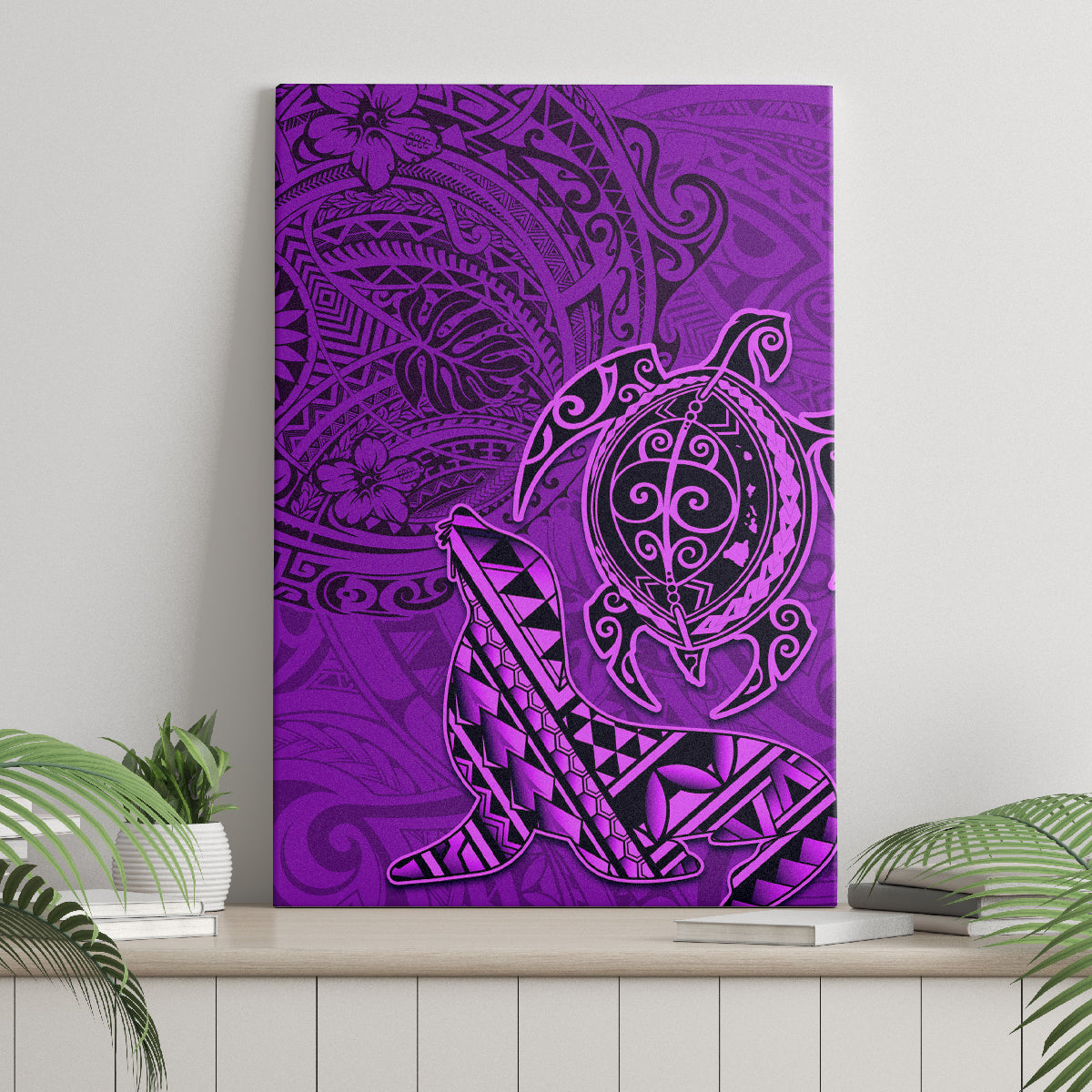 Hawaii Monk Seal and Dolphin Canvas Wall Art Polynesian Kakau Pattern Purple