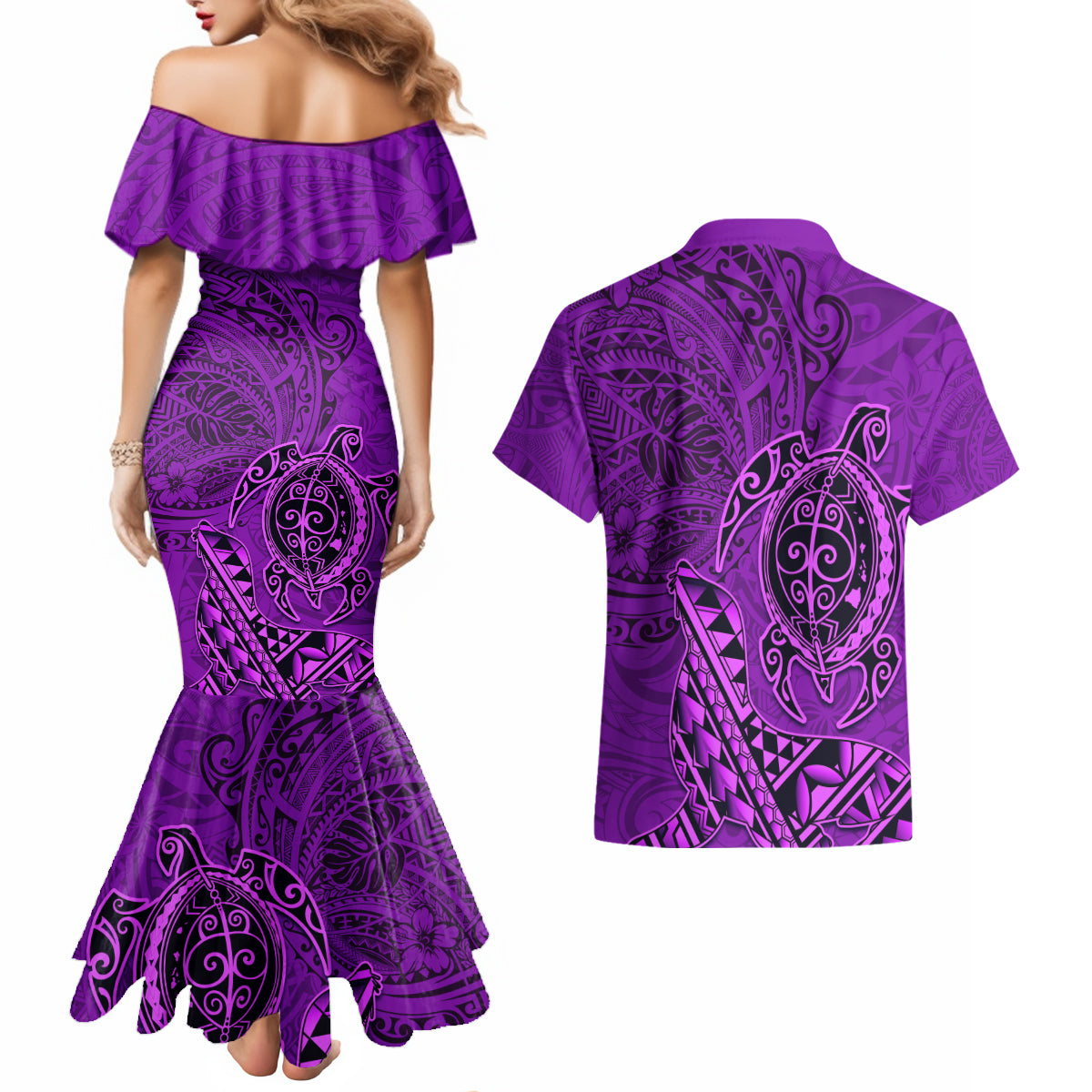 Hawaii Monk Seal and Dolphin Couples Matching Mermaid Dress and Hawaiian Shirt Polynesian Kakau Pattern Purple