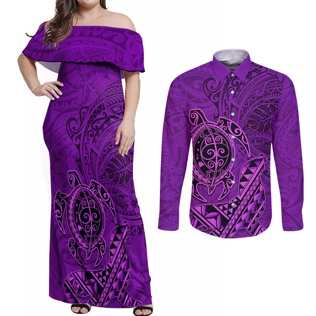 Hawaii Monk Seal and Dolphin Couples Matching Off Shoulder Maxi Dress and Long Sleeve Button Shirt Polynesian Kakau Pattern Purple
