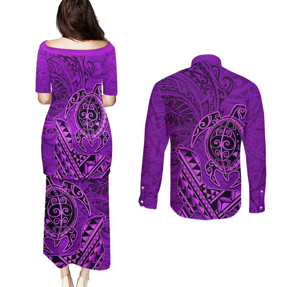 Hawaii Monk Seal and Dolphin Couples Matching Puletasi and Long Sleeve Button Shirt Polynesian Kakau Pattern Purple