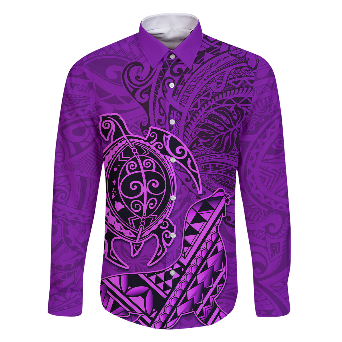 Hawaii Monk Seal and Dolphin Family Matching Long Sleeve Bodycon Dress and Hawaiian Shirt Polynesian Kakau Pattern Purple LT03 Dad's Shirt - Long Sleeve Purple - Polynesian Pride
