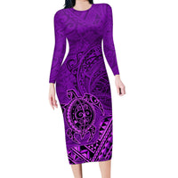 Hawaii Monk Seal and Dolphin Family Matching Long Sleeve Bodycon Dress and Hawaiian Shirt Polynesian Kakau Pattern Purple LT03 Mom's Dress Purple - Polynesian Pride