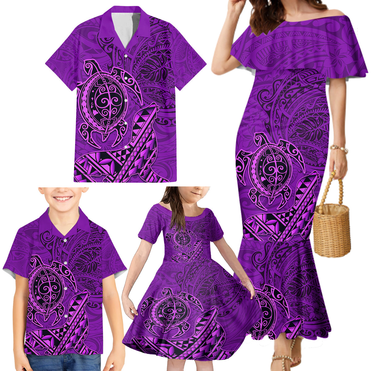 Hawaii Monk Seal and Dolphin Family Matching Mermaid Dress and Hawaiian Shirt Polynesian Kakau Pattern Purple