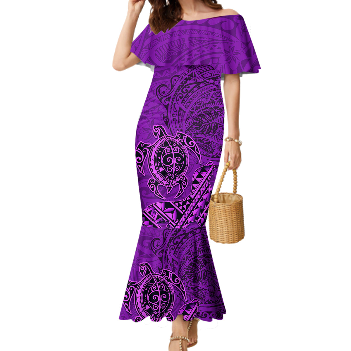 Hawaii Monk Seal and Dolphin Family Matching Mermaid Dress and Hawaiian Shirt Polynesian Kakau Pattern Purple