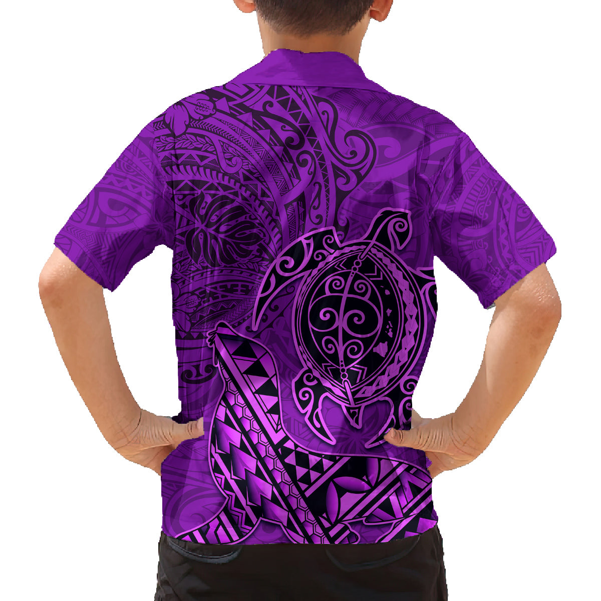 Hawaii Monk Seal and Dolphin Family Matching Off Shoulder Short Dress and Hawaiian Shirt Polynesian Kakau Pattern Purple LT03 - Polynesian Pride
