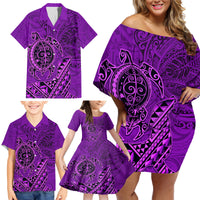 Hawaii Monk Seal and Dolphin Family Matching Off Shoulder Short Dress and Hawaiian Shirt Polynesian Kakau Pattern Purple LT03 - Polynesian Pride