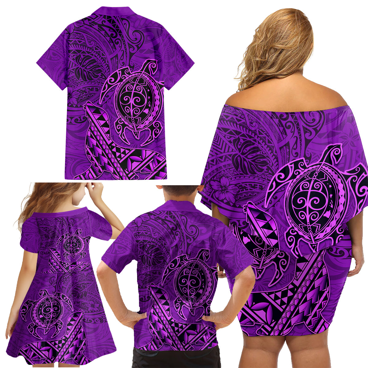 Hawaii Monk Seal and Dolphin Family Matching Off Shoulder Short Dress and Hawaiian Shirt Polynesian Kakau Pattern Purple LT03 - Polynesian Pride