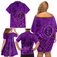 Hawaii Monk Seal and Dolphin Family Matching Off Shoulder Short Dress and Hawaiian Shirt Polynesian Kakau Pattern Purple LT03 - Polynesian Pride