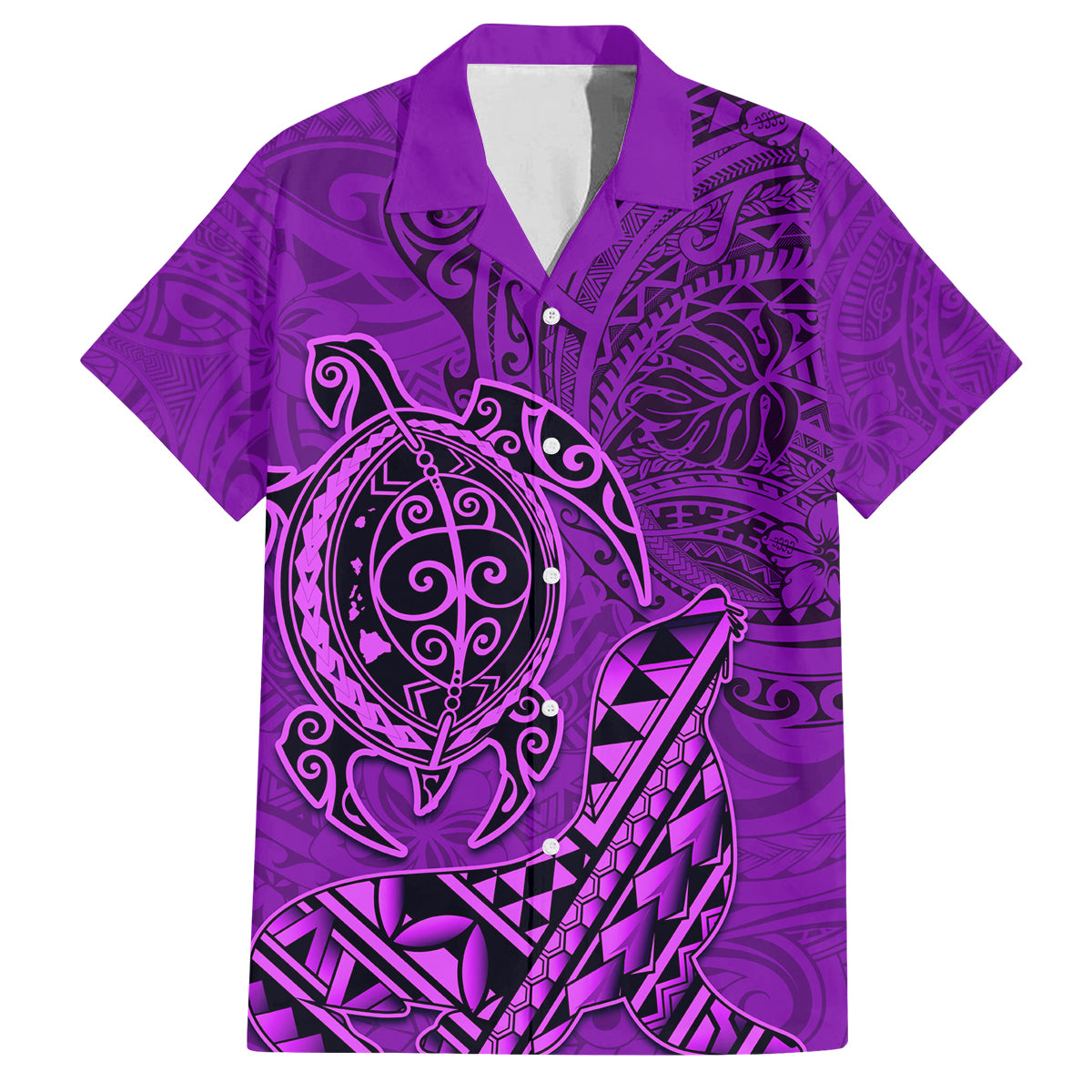 Hawaii Monk Seal and Dolphin Family Matching Off Shoulder Short Dress and Hawaiian Shirt Polynesian Kakau Pattern Purple LT03 Dad's Shirt - Short Sleeve Purple - Polynesian Pride