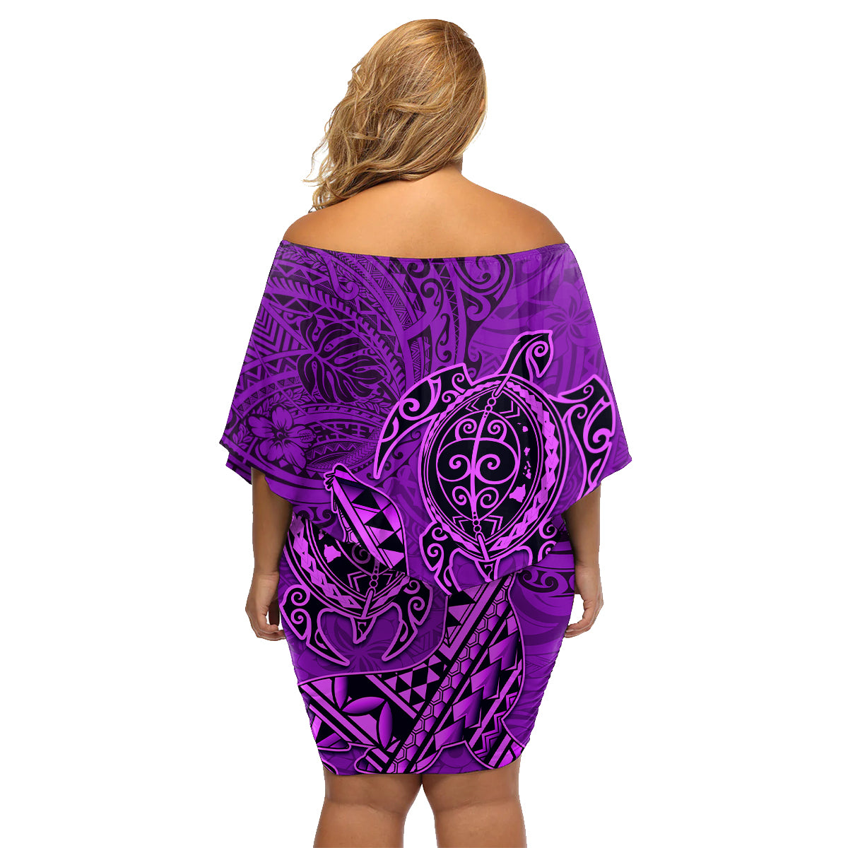 Hawaii Monk Seal and Dolphin Family Matching Off Shoulder Short Dress and Hawaiian Shirt Polynesian Kakau Pattern Purple LT03 - Polynesian Pride