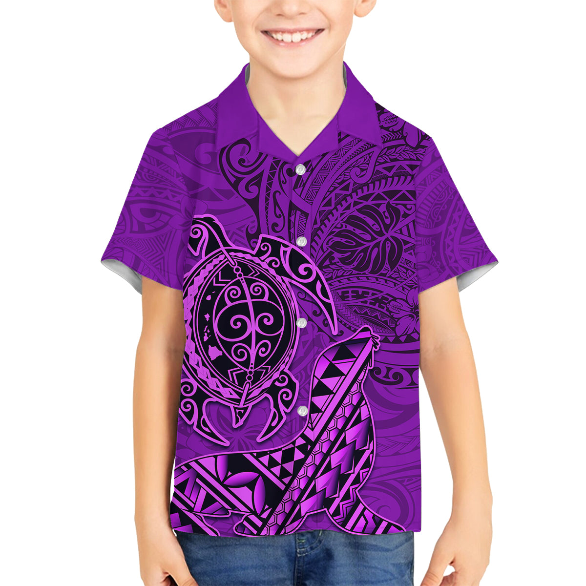 Hawaii Monk Seal and Dolphin Family Matching Off Shoulder Short Dress and Hawaiian Shirt Polynesian Kakau Pattern Purple LT03 Son's Shirt Purple - Polynesian Pride
