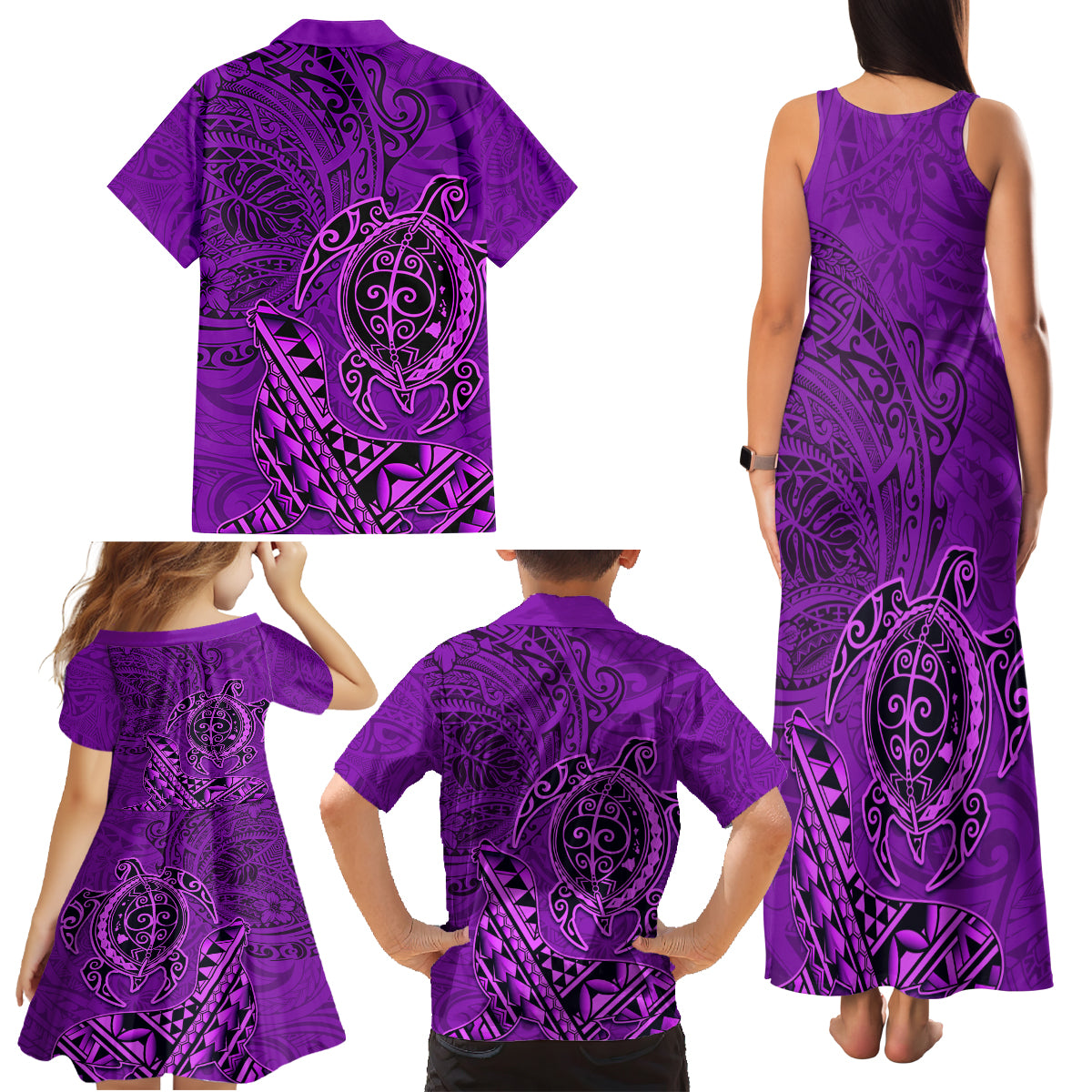 Hawaii Monk Seal and Dolphin Family Matching Tank Maxi Dress and Hawaiian Shirt Polynesian Kakau Pattern Purple