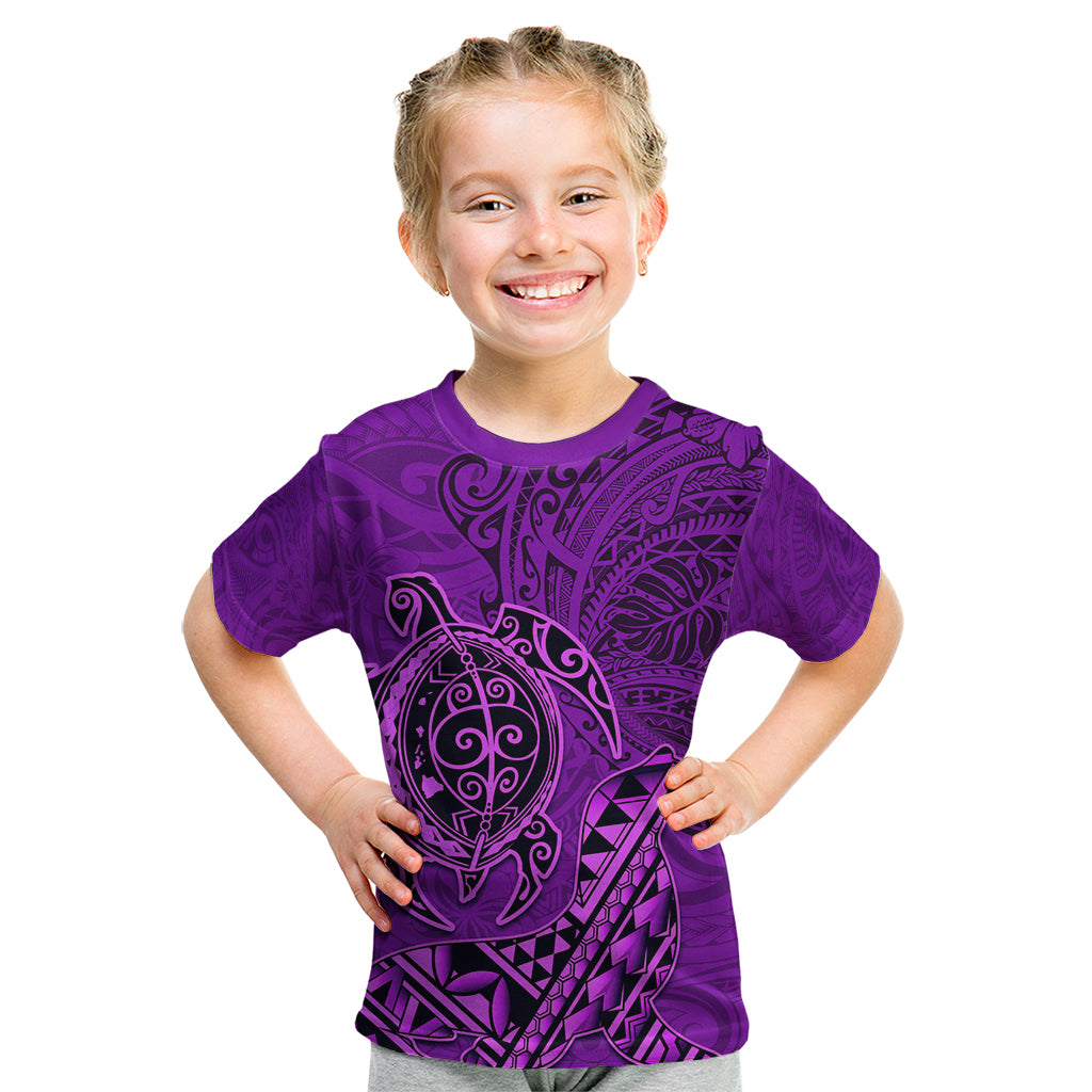 Hawaii Monk Seal and Dolphin Kid T Shirt Polynesian Kakau Pattern Purple