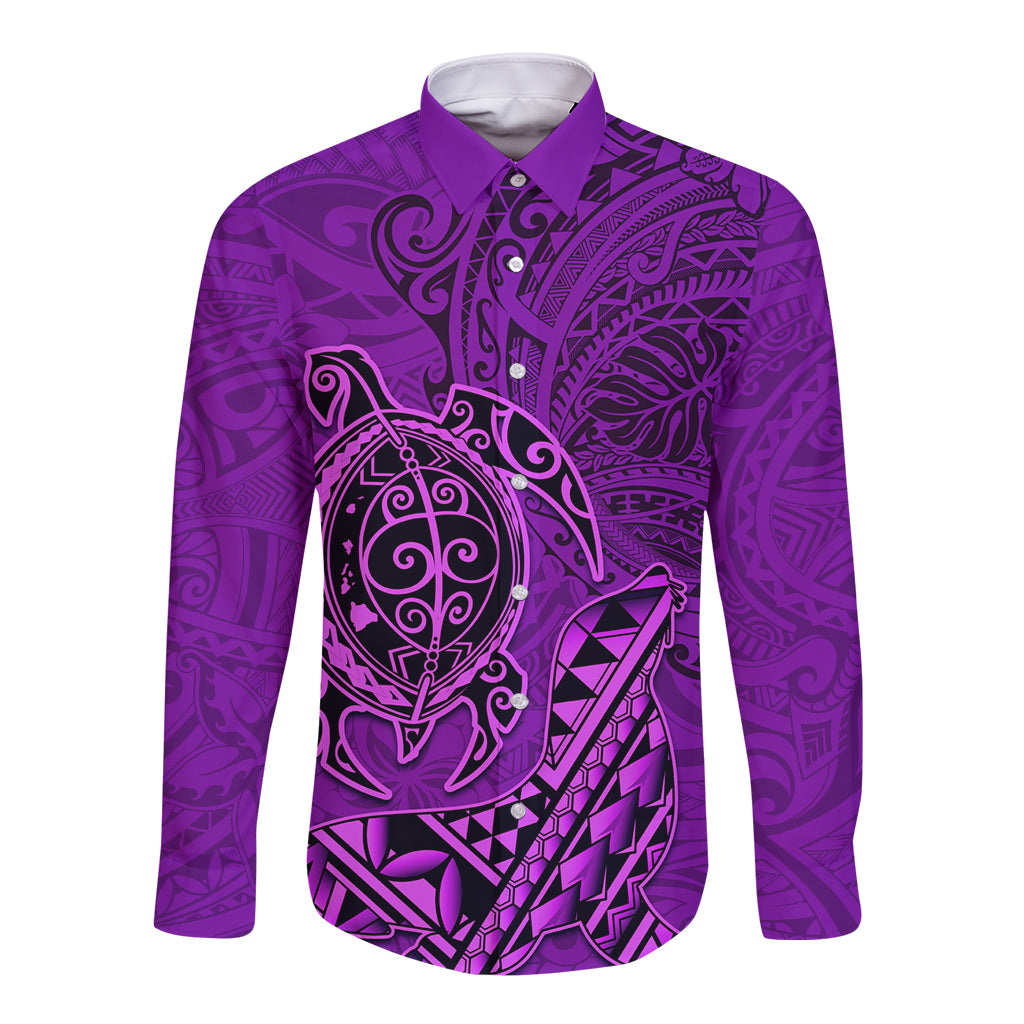 Hawaii Monk Seal and Dolphin Long Sleeve Button Shirt Polynesian Kakau Pattern Purple