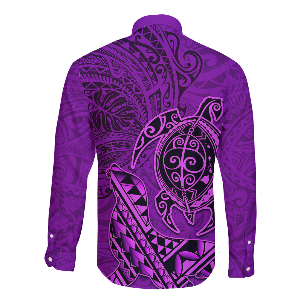 Hawaii Monk Seal and Dolphin Long Sleeve Button Shirt Polynesian Kakau Pattern Purple