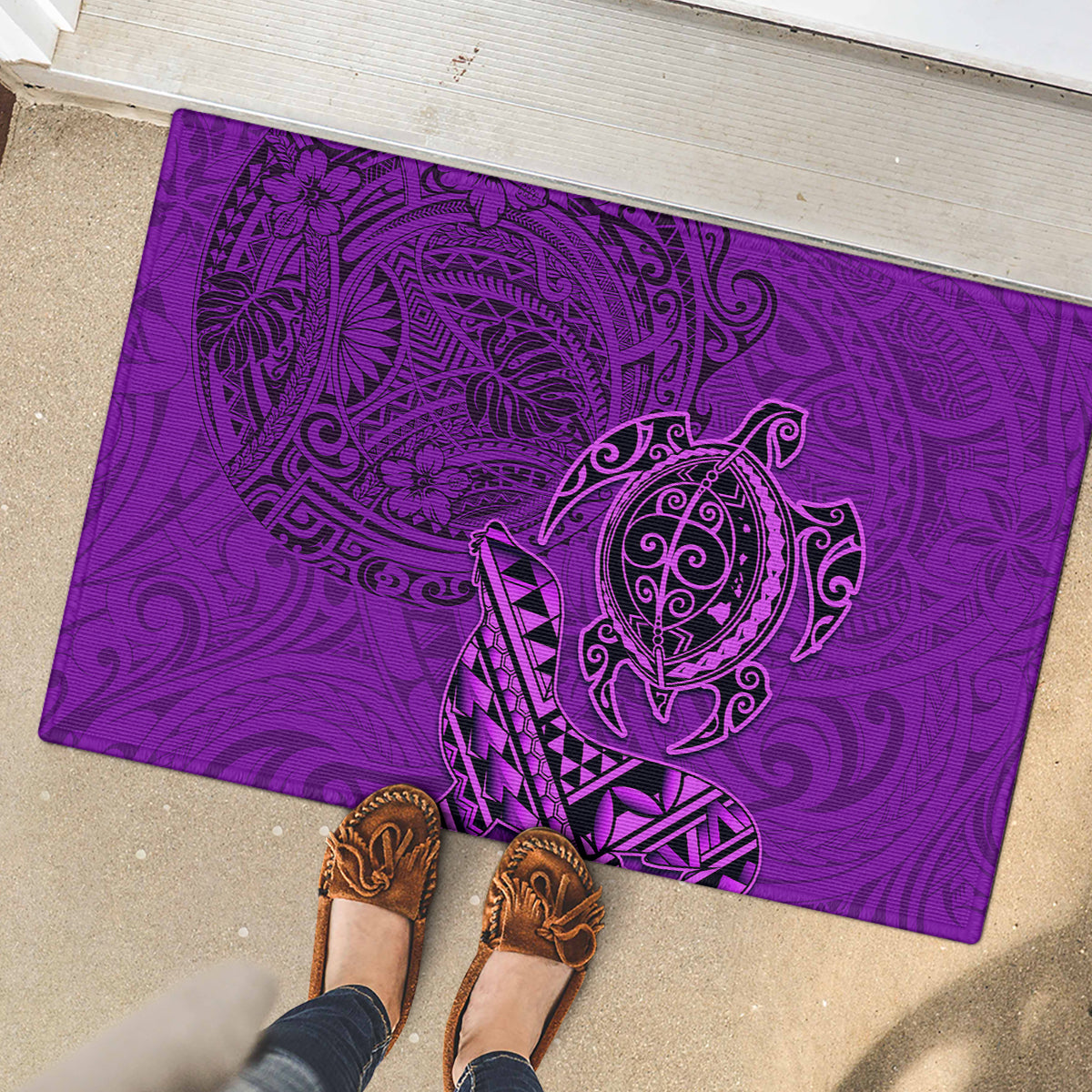Hawaii Monk Seal and Dolphin Rubber Doormat Polynesian Kakau Pattern Purple