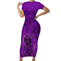 Hawaii Monk Seal and Dolphin Short Sleeve Bodycon Dress Polynesian Kakau Pattern Purple LT03 Long Dress Purple - Polynesian Pride