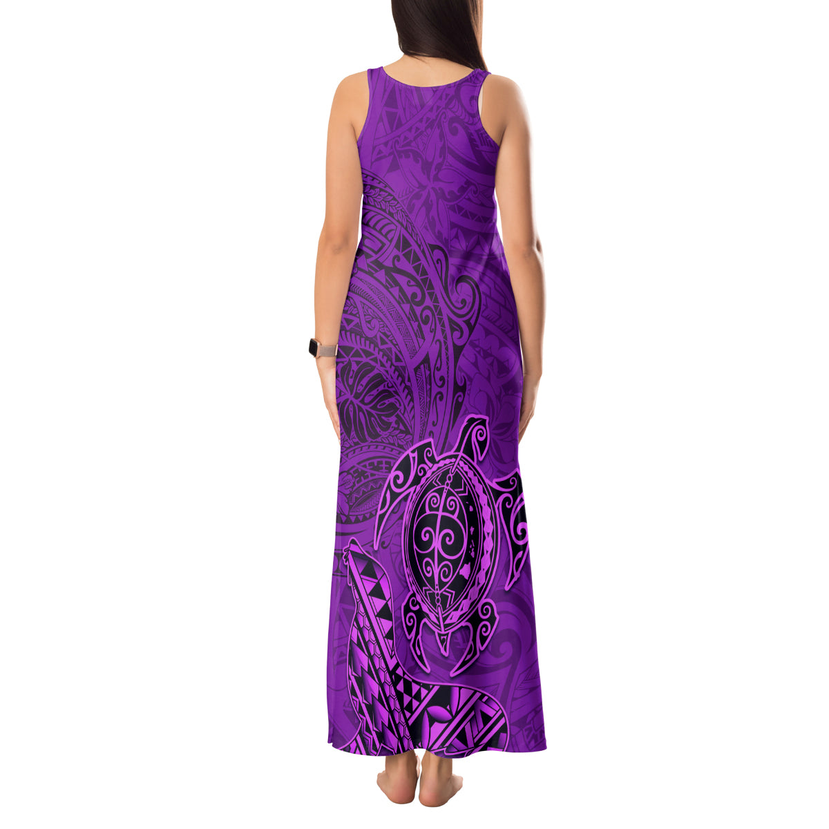 Hawaii Monk Seal and Dolphin Tank Maxi Dress Polynesian Kakau Pattern Purple