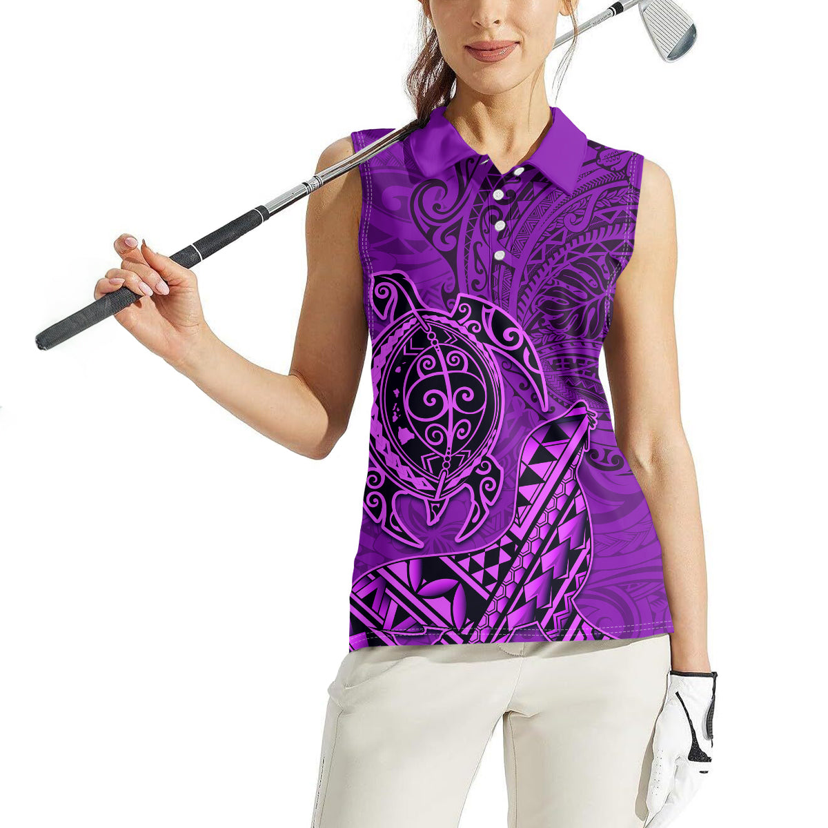 Hawaii Monk Seal and Dolphin Women Sleeveless Polo Shirt Polynesian Kakau Pattern Purple