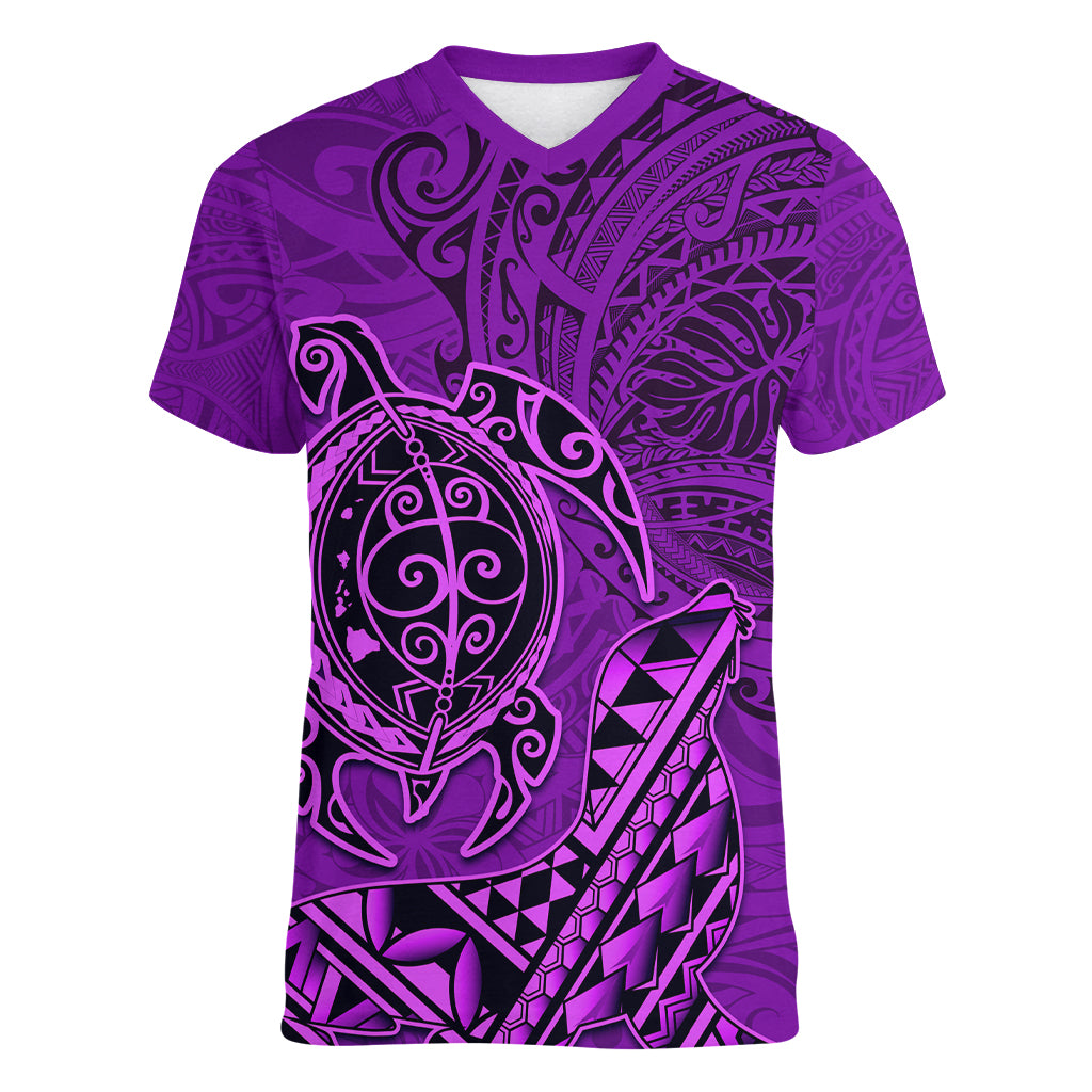 Hawaii Monk Seal and Dolphin Women V-Neck T-Shirt Polynesian Kakau Pattern Purple