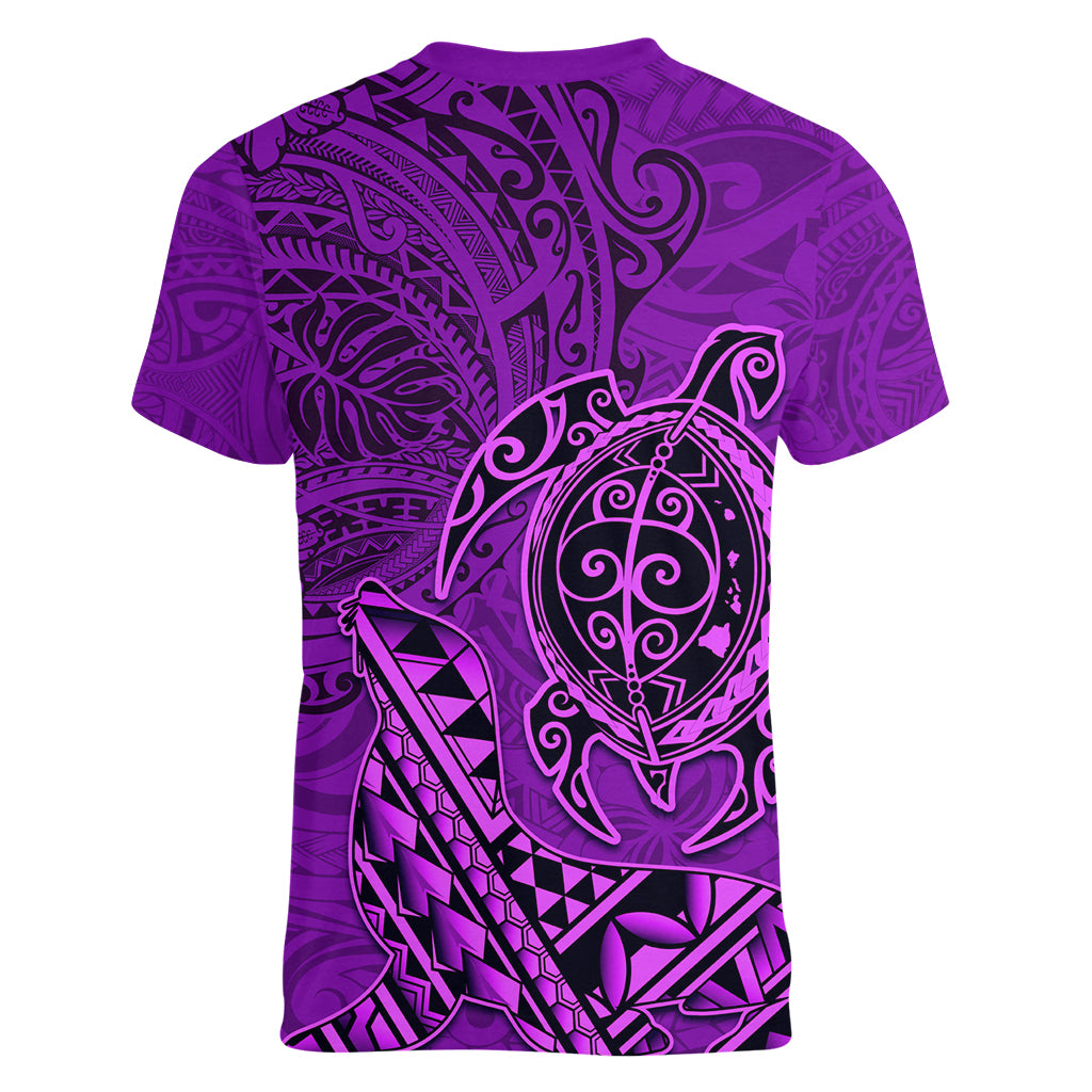 Hawaii Monk Seal and Dolphin Women V-Neck T-Shirt Polynesian Kakau Pattern Purple