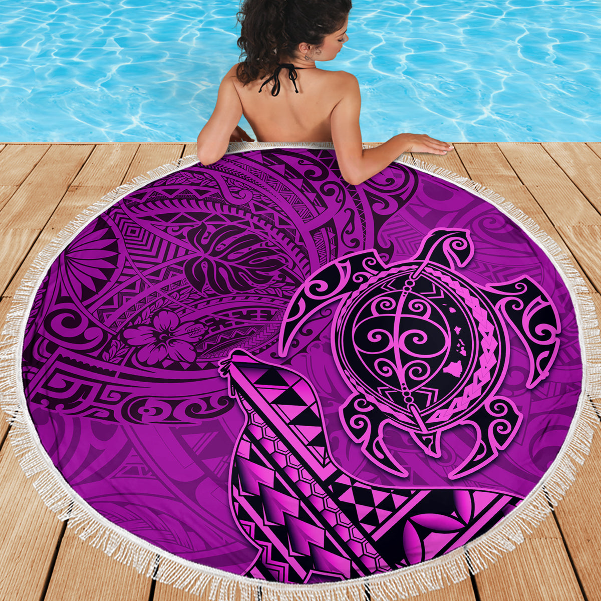 Hawaii Monk Seal and Dolphin Beach Blanket Polynesian Kakau Pattern Pink