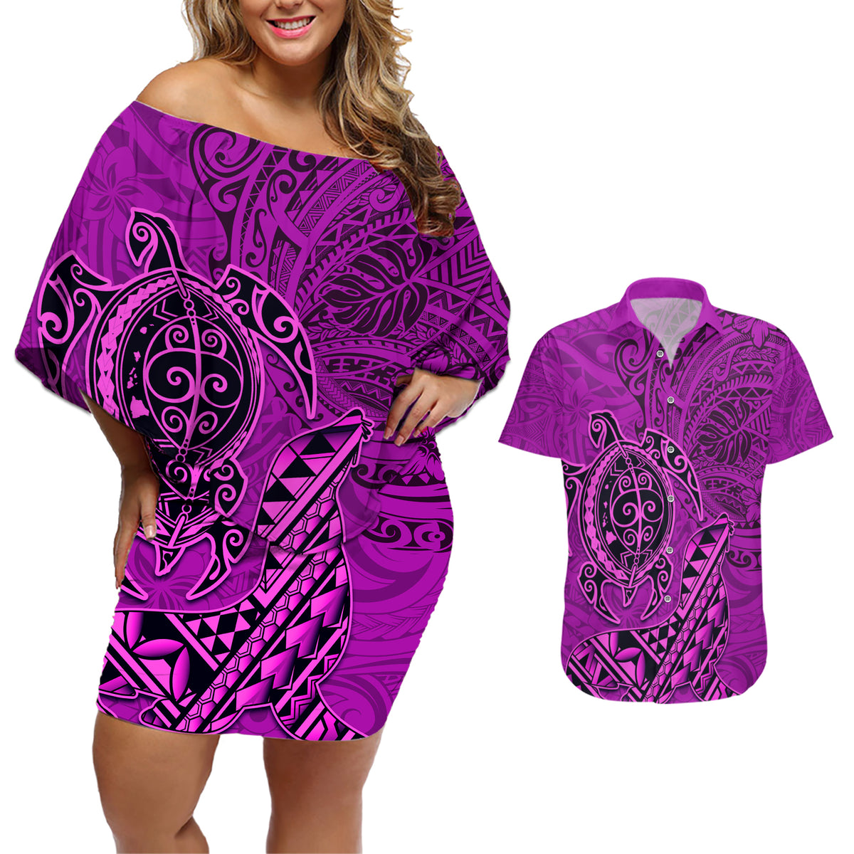 Hawaii Monk Seal and Dolphin Couples Matching Off Shoulder Short Dress and Hawaiian Shirt Polynesian Kakau Pattern Pink