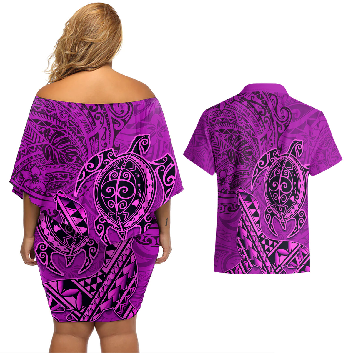 Hawaii Monk Seal and Dolphin Couples Matching Off Shoulder Short Dress and Hawaiian Shirt Polynesian Kakau Pattern Pink