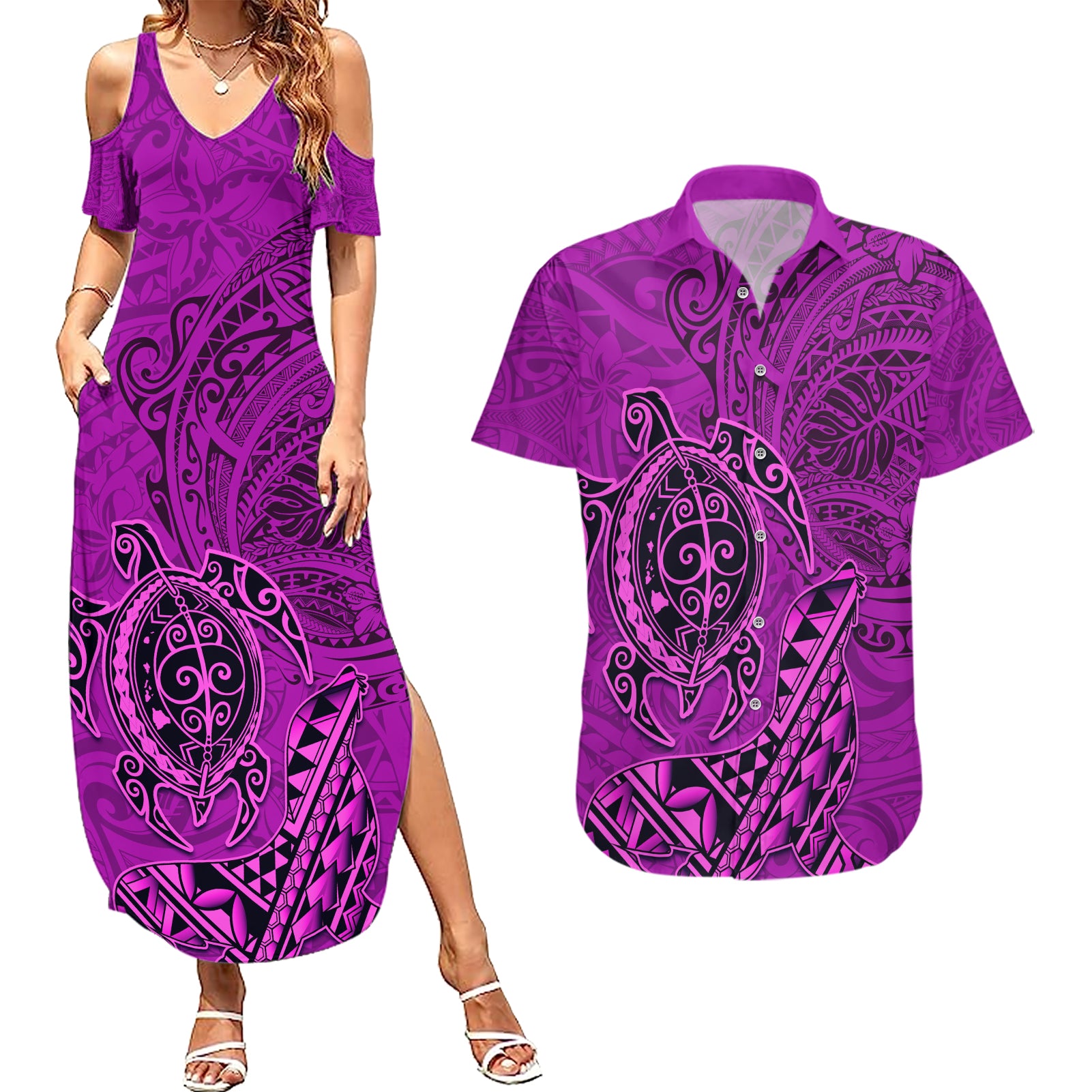 Hawaii Monk Seal and Dolphin Couples Matching Summer Maxi Dress and Hawaiian Shirt Polynesian Kakau Pattern Pink