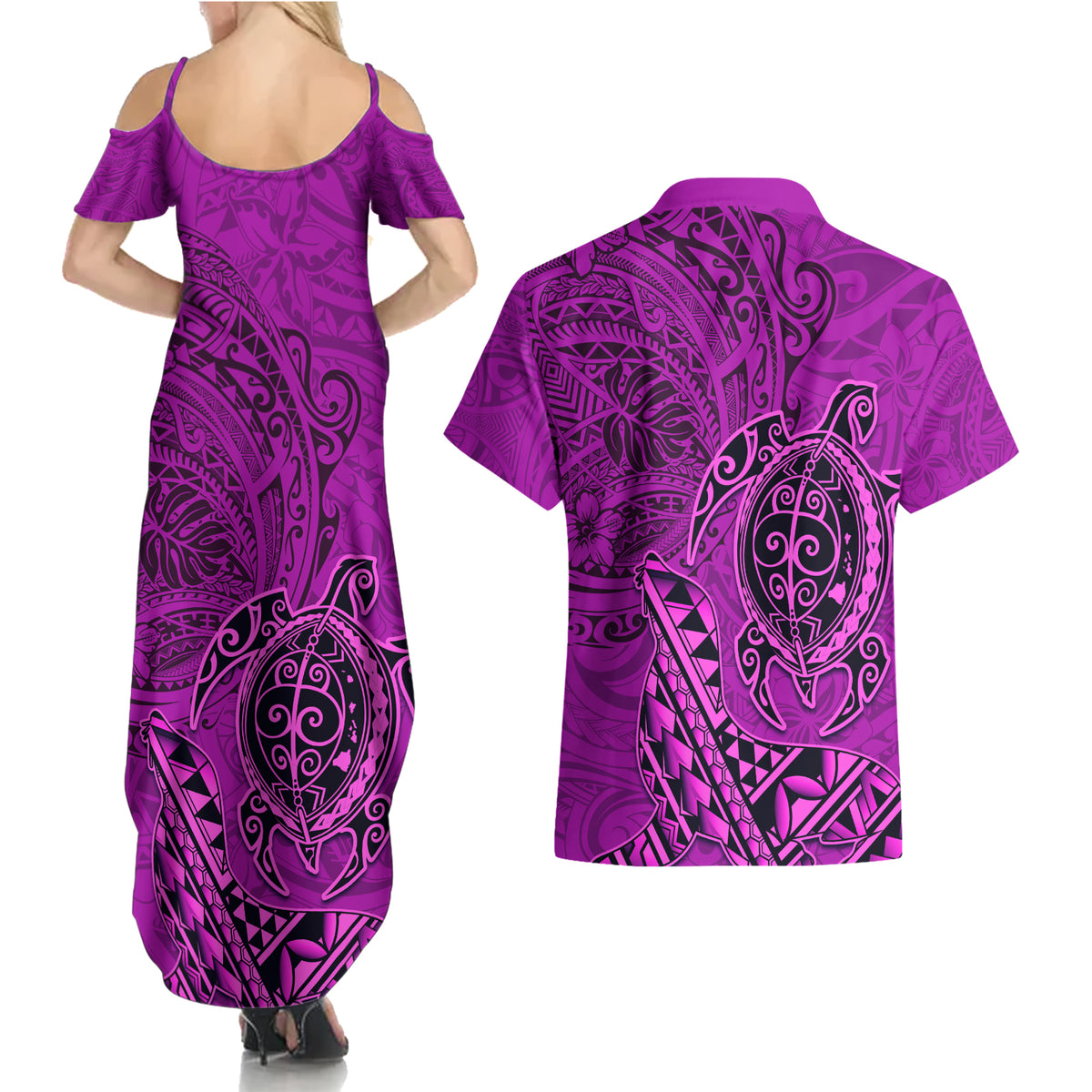 Hawaii Monk Seal and Dolphin Couples Matching Summer Maxi Dress and Hawaiian Shirt Polynesian Kakau Pattern Pink