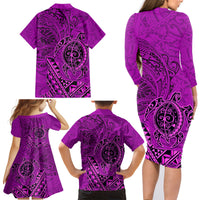 Hawaii Monk Seal and Dolphin Family Matching Long Sleeve Bodycon Dress and Hawaiian Shirt Polynesian Kakau Pattern Pink LT03 - Polynesian Pride