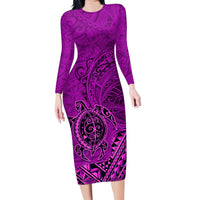 Hawaii Monk Seal and Dolphin Family Matching Long Sleeve Bodycon Dress and Hawaiian Shirt Polynesian Kakau Pattern Pink LT03 Mom's Dress Pink - Polynesian Pride