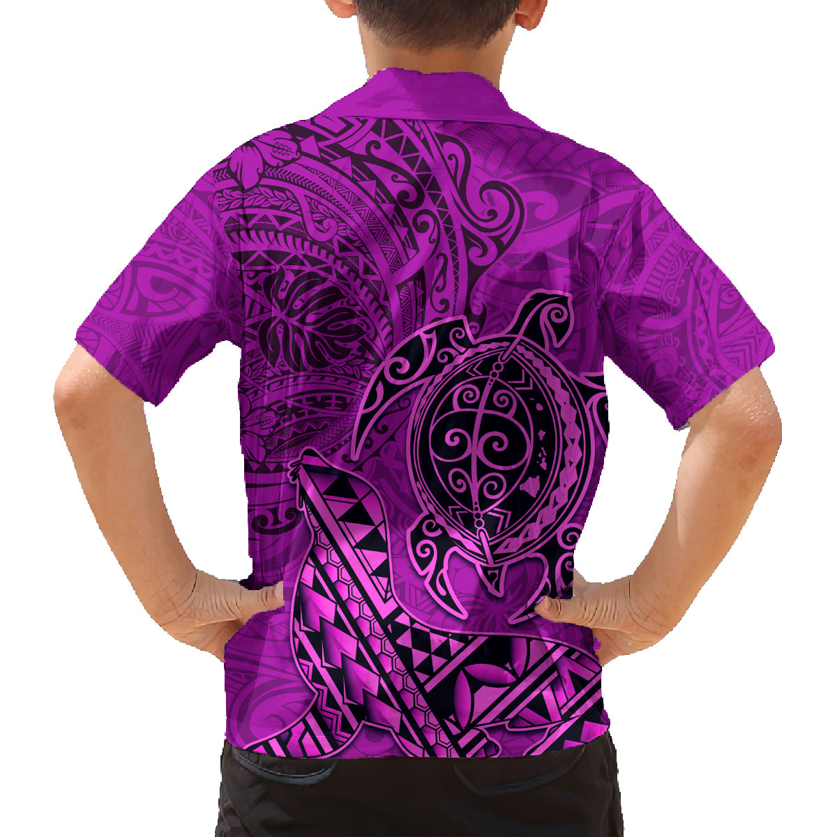 Hawaii Monk Seal and Dolphin Family Matching Off Shoulder Short Dress and Hawaiian Shirt Polynesian Kakau Pattern Pink LT03 - Polynesian Pride