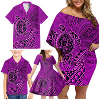 Hawaii Monk Seal and Dolphin Family Matching Off Shoulder Short Dress and Hawaiian Shirt Polynesian Kakau Pattern Pink LT03 - Polynesian Pride