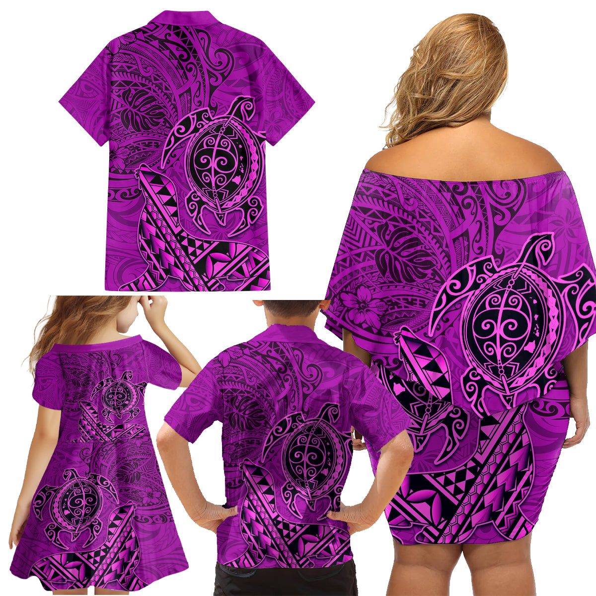 Hawaii Monk Seal and Dolphin Family Matching Off Shoulder Short Dress and Hawaiian Shirt Polynesian Kakau Pattern Pink LT03 - Polynesian Pride