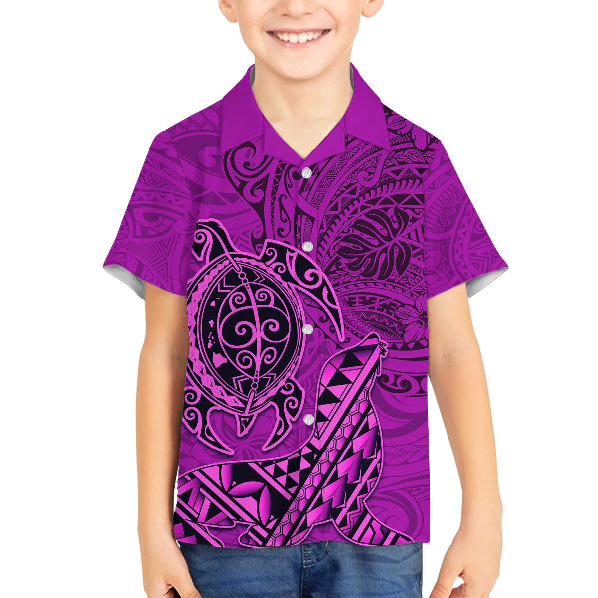 Hawaii Monk Seal and Dolphin Family Matching Off Shoulder Short Dress and Hawaiian Shirt Polynesian Kakau Pattern Pink LT03 Son's Shirt Pink - Polynesian Pride