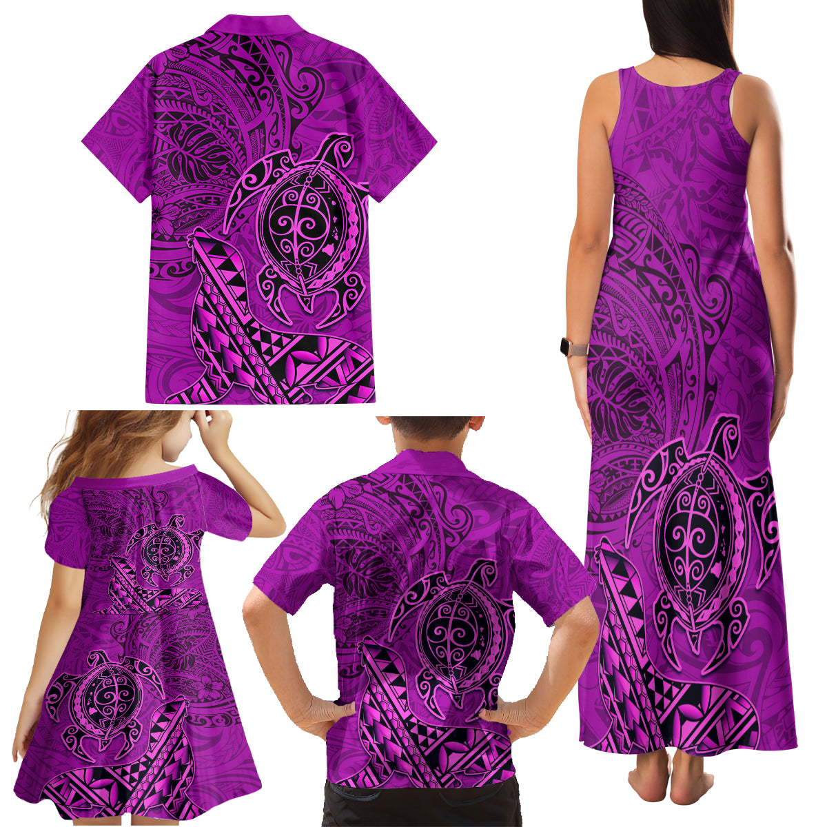 Hawaii Monk Seal and Dolphin Family Matching Tank Maxi Dress and Hawaiian Shirt Polynesian Kakau Pattern Pink